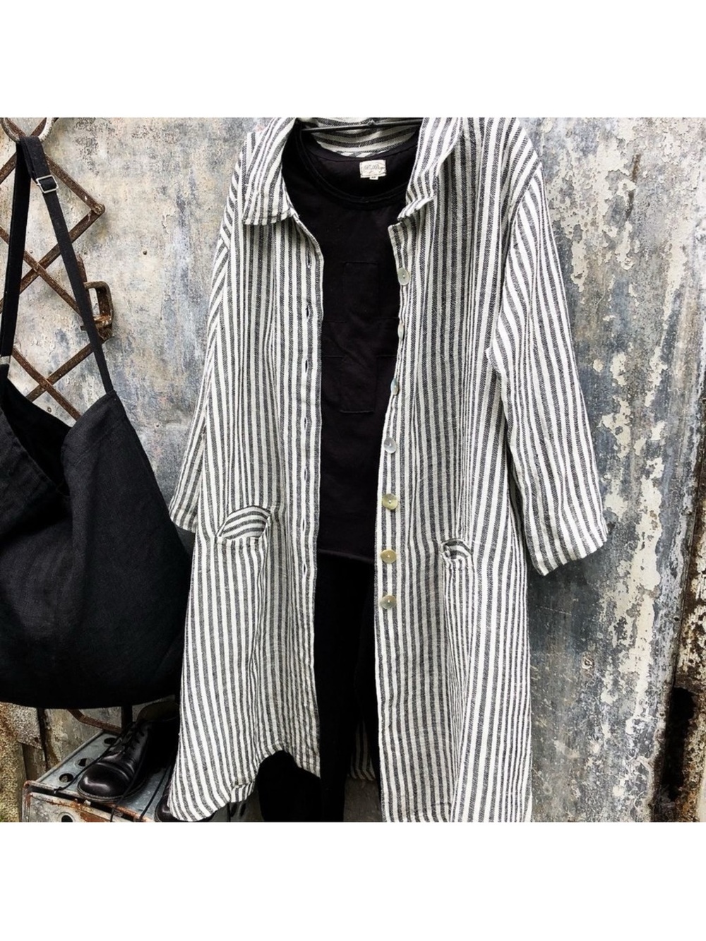 MegByDesign Manon Linen Coat Stripe Black White Small GUC